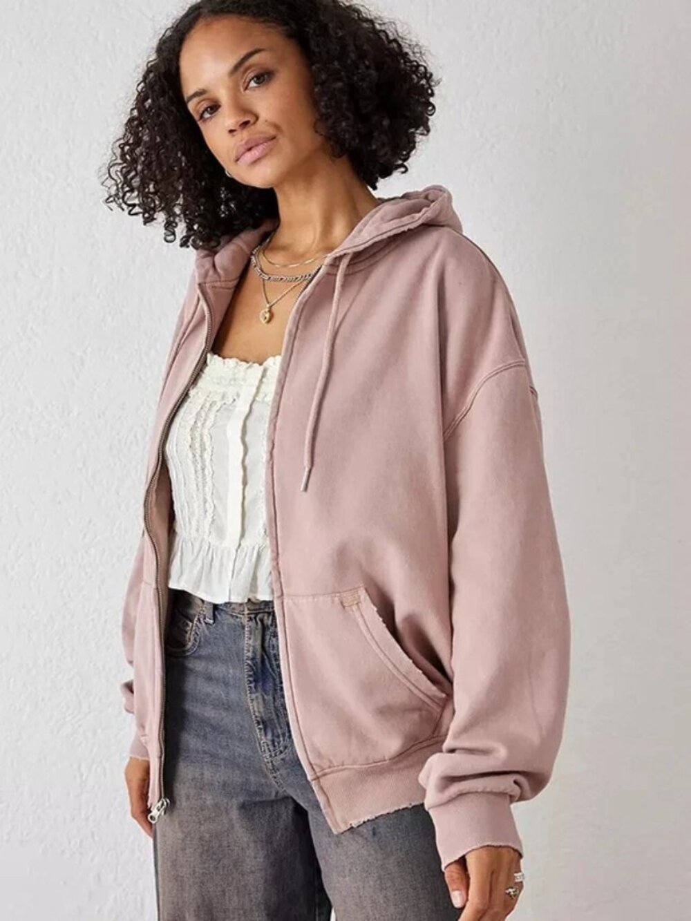 BDG Dusty Pink Zip-Up Hoodie Urban Outfitters Long Sleeve Pocket Baggy S